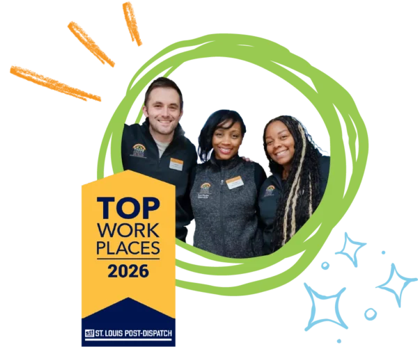 An image of 3 employees surrounded by hand drawn elements with a badge that says Top Work Places 2026 provided by St. Louis Dispatch