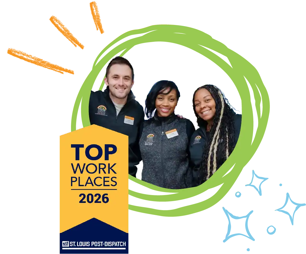 An image of 3 employees surrounded by hand drawn elements with a badge that says Top Work Places 2026 provided by St. Louis Dispatch